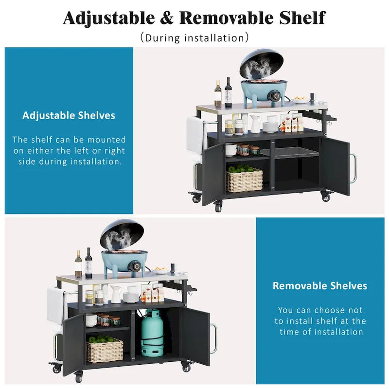 Outdoor Kitchen Island Stainless Steel Top Storage Cabinet Spice Rack Locking Wheels