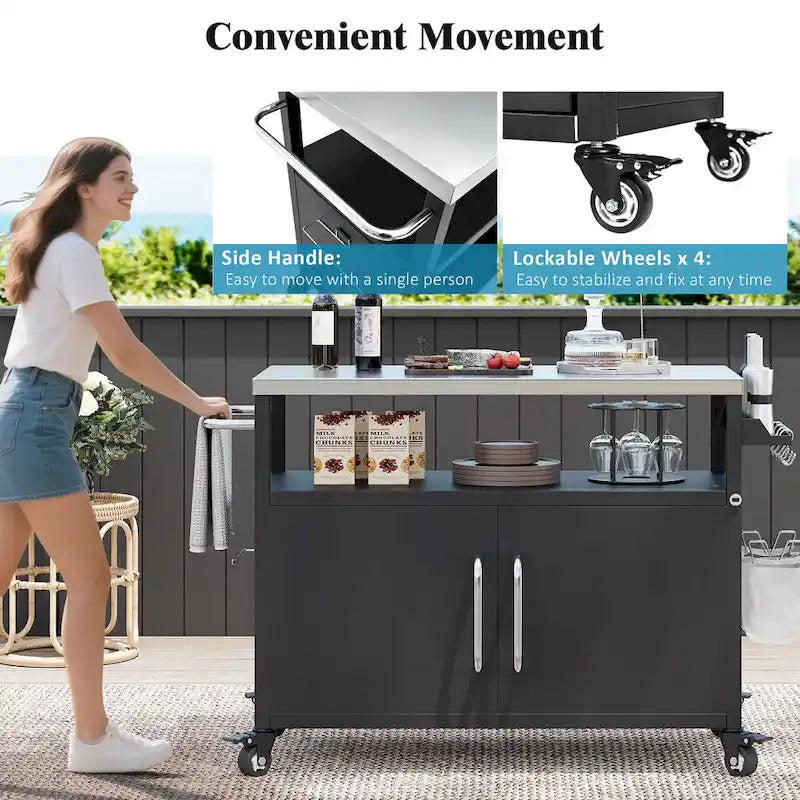 Outdoor Kitchen Island Stainless Steel Top Storage Cabinet Spice Rack Locking Wheels