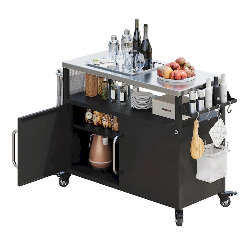 Outdoor Kitchen Island Stainless Steel Top Storage Cabinet Spice Rack Locking Wheels