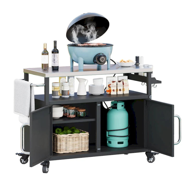 Outdoor Kitchen Island Stainless Steel Top Storage Cabinet Spice Rack Locking Wheels