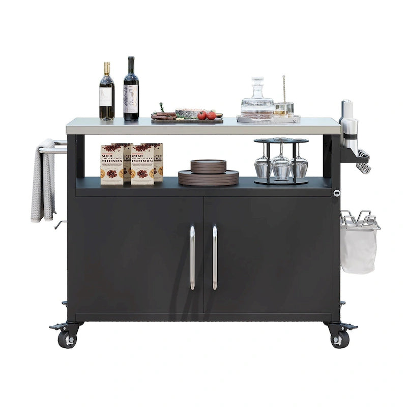 Outdoor Kitchen Island Stainless Steel Top Storage Cabinet Spice Rack Locking Wheels