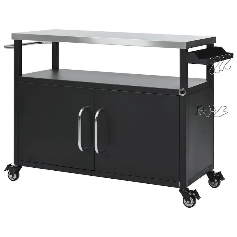 Outdoor Kitchen Island Stainless Steel Top Storage Cabinet Spice Rack Locking Wheels