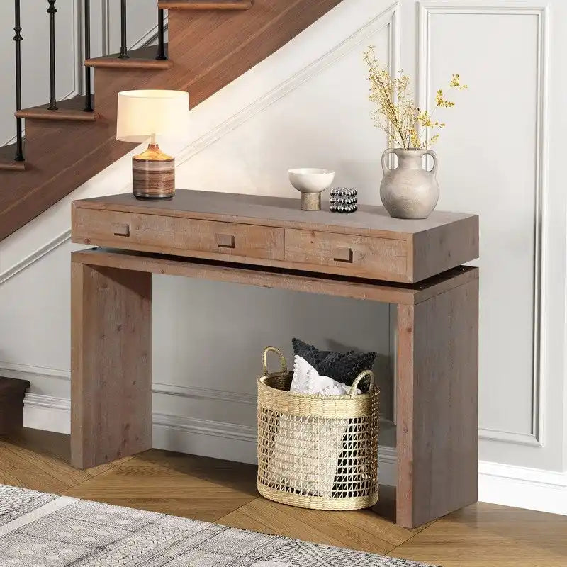 Rustic 3-Drawer Wood Console Table Distressed Finish Entryway Hallway