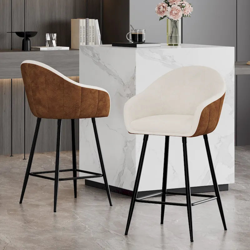 Modern Upholstered Counter Stool Cushioned Seat Metal Legs Beige Brown