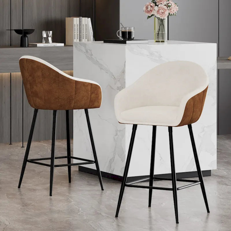 Roomfitters 26.5 Modern Upholstered Counter Stools, Set of 2 Bar Height Chairs with Metal Legs and Cushioned Seat, Beige+Brown