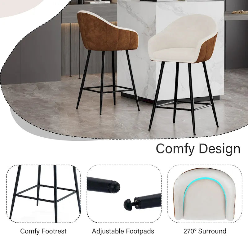 Modern Upholstered Counter Stool Cushioned Seat Metal Legs Beige Brown