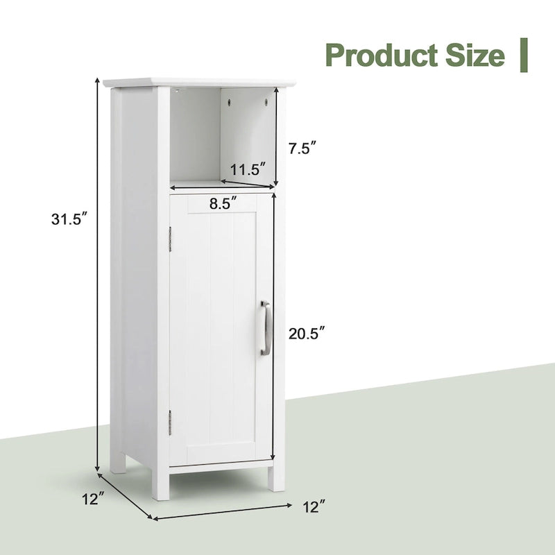 Freestanding Bathroom Floor Storage Cabinet Single Door Adjustable Shelves White