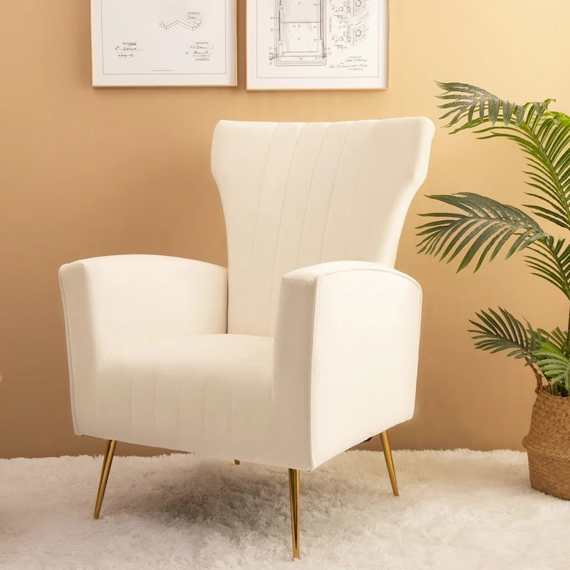 Velvet Wingback Accent Chair Gold Metal Legs High-Density Foam White