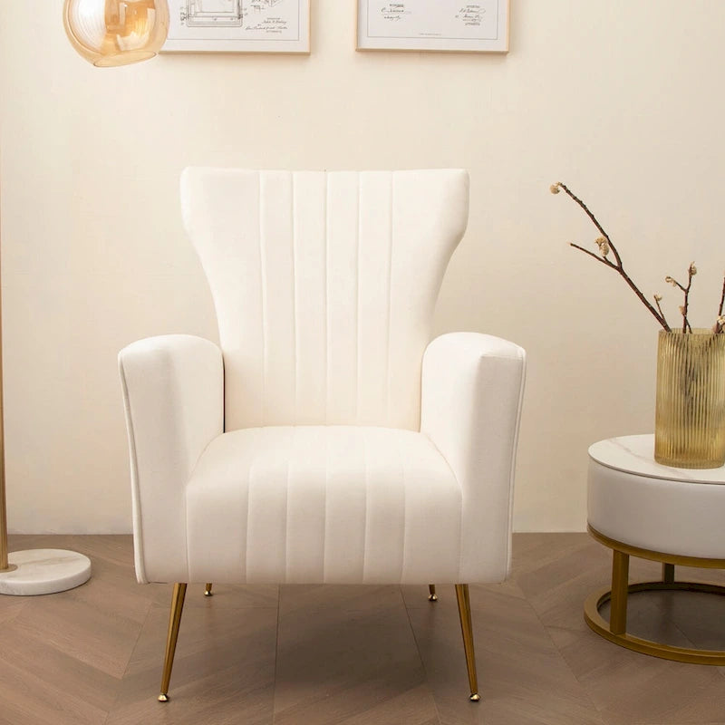 Sessel mit hoher Rückenlehne aus Samt, goldfarbene Metallbeine, hochelastischer Schaumstoff, Weiß