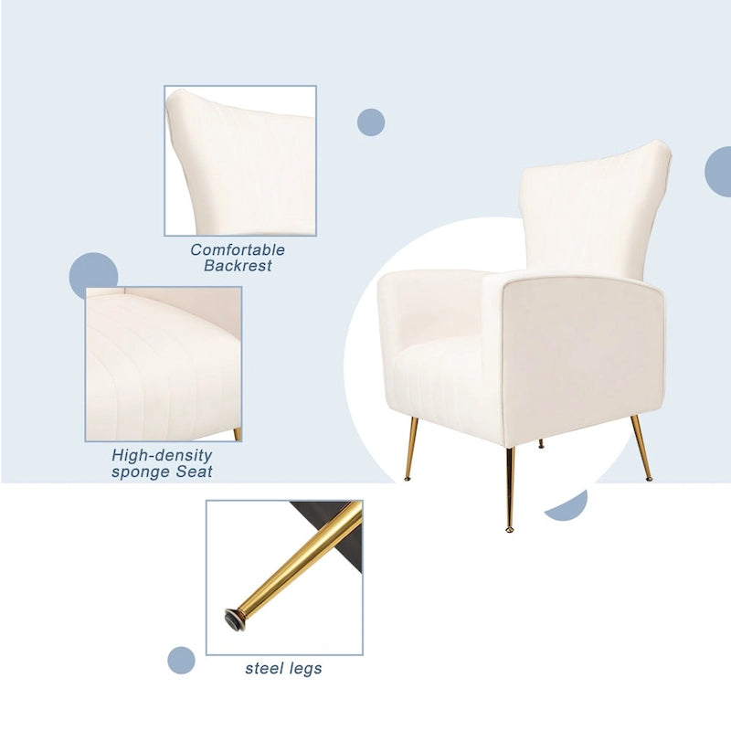Sessel mit hoher Rückenlehne aus Samt, goldfarbene Metallbeine, hochelastischer Schaumstoff, Weiß