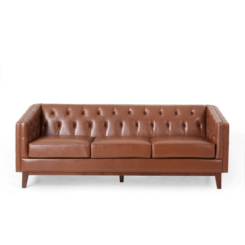206 cm PU-Ledersofa mit Knopfheftung für 3 Personen, Massivholzgestell, Hellbraun