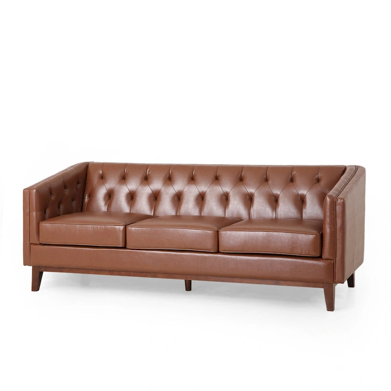 81-Inch PU Leather Tufted 3-Seater Sofa Solid Wood Frame Light Brown