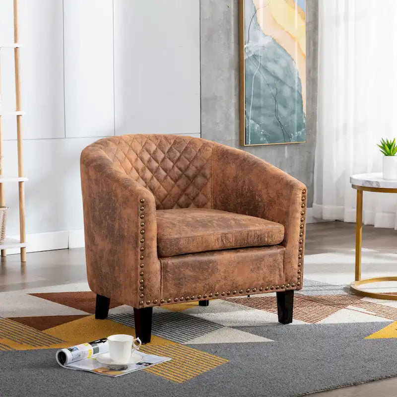 Barrel Accent Chair PU Leather Microfiber Solid Wood Legs Foam Seat Multi-Color