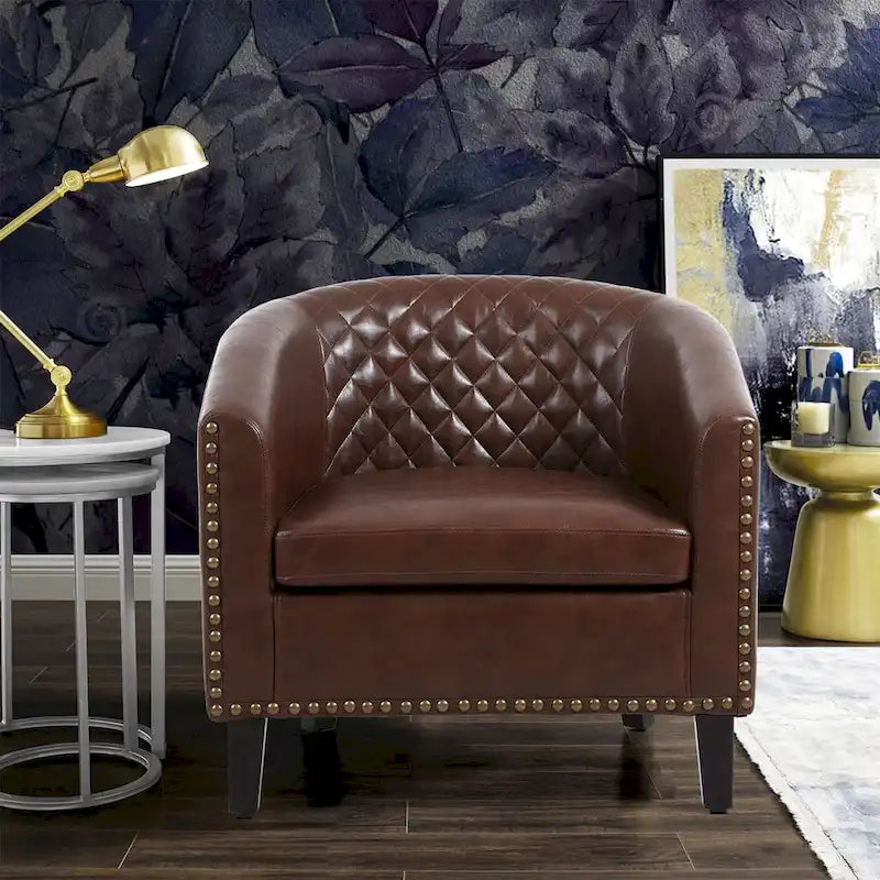 Barrel Accent Chair PU Leather Microfiber Solid Wood Legs Foam Seat Multi-Color