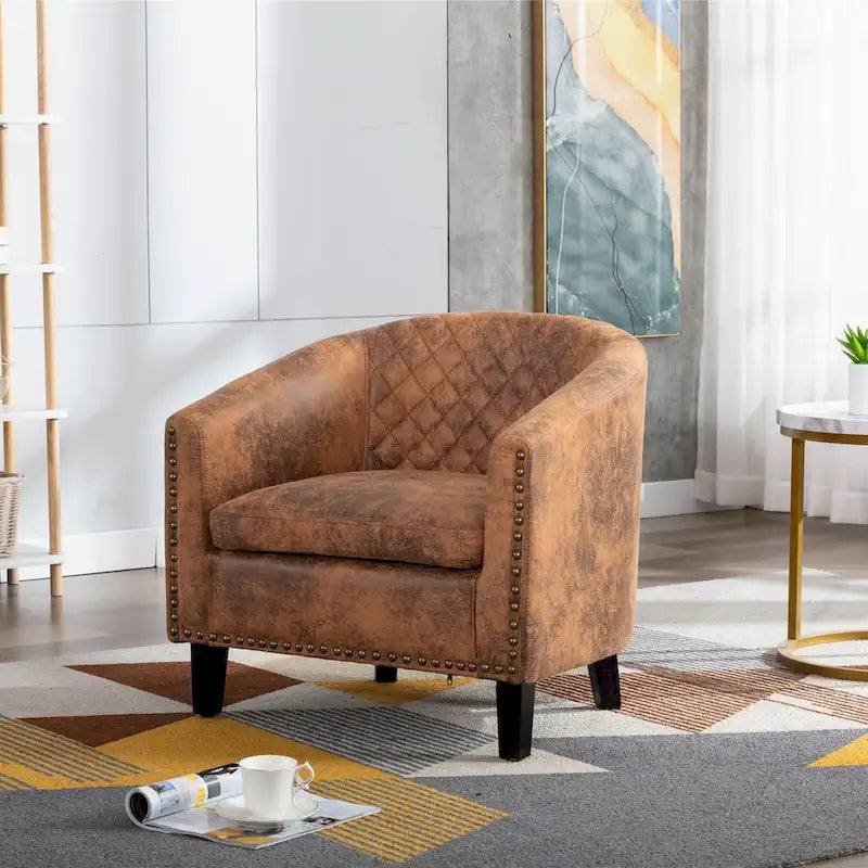 Barrel Accent Chair PU Leather Microfiber Solid Wood Legs Foam Seat Multi-Color