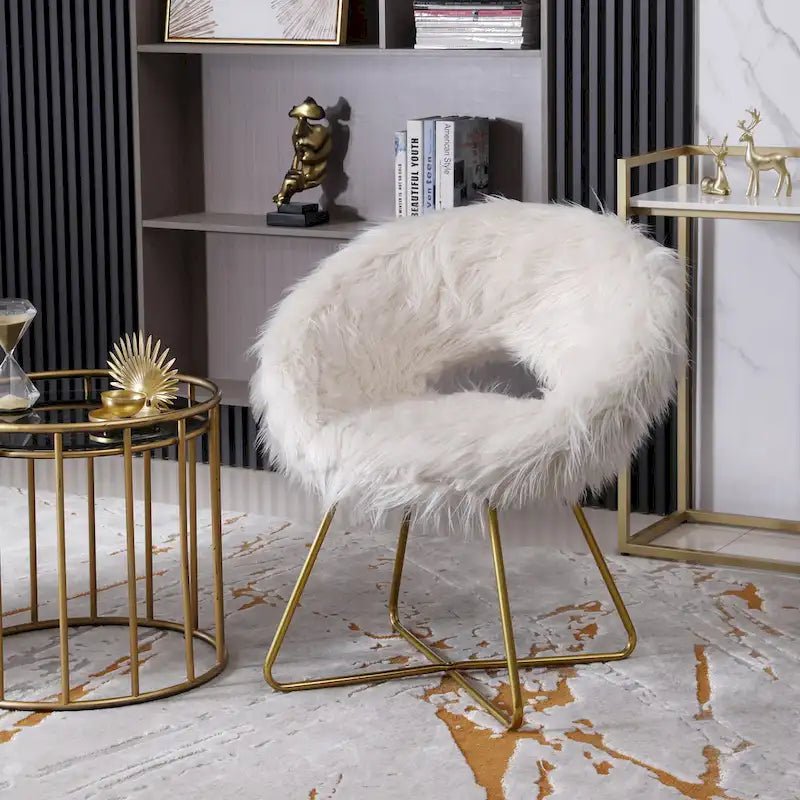 Glam Barrel Accent Chair Faux Fur Upholstered Gold Sled Base White