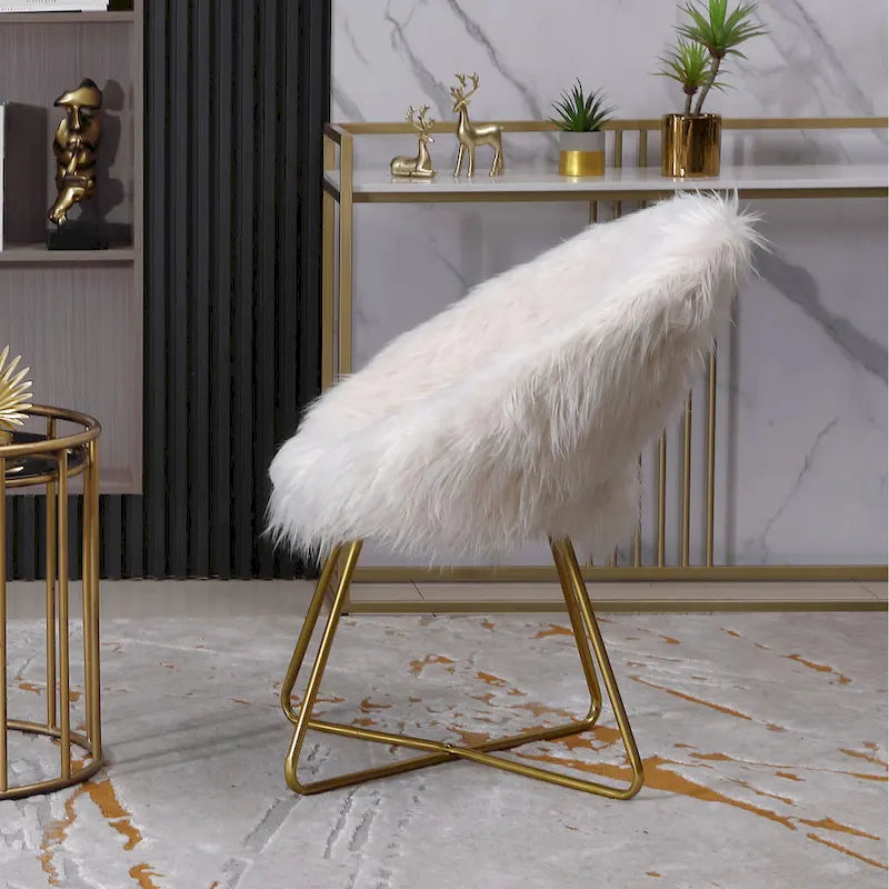 Glam Barrel Accent Chair Faux Fur Upholstered Gold Sled Base White