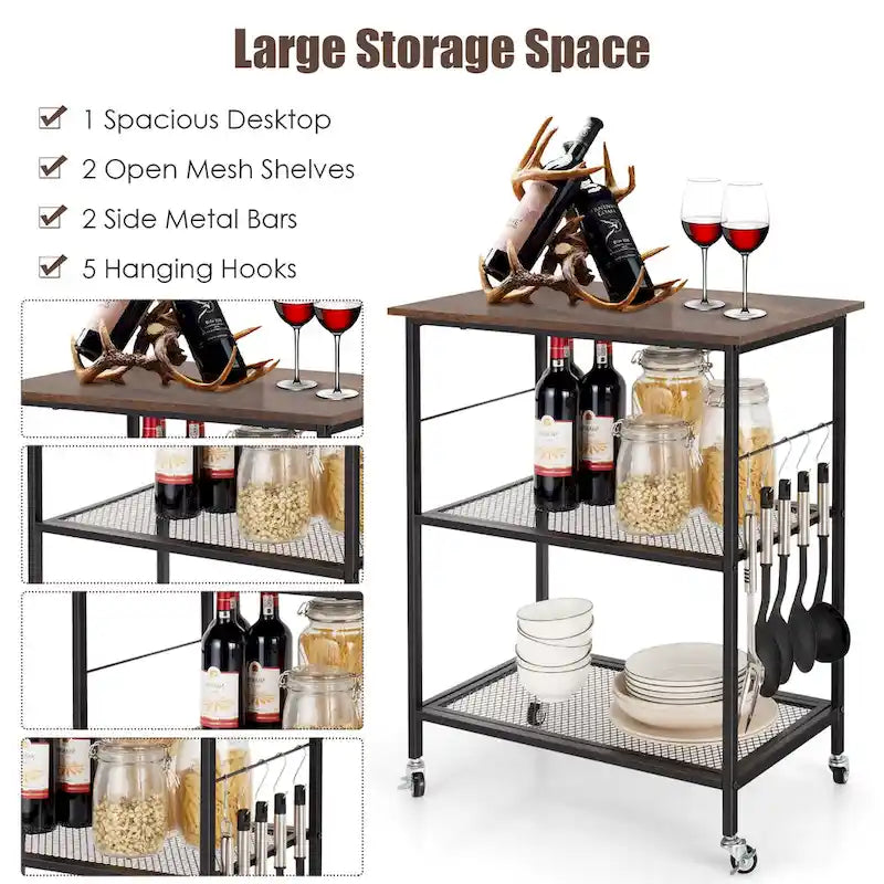 3-Tier Rolling Kitchen Cart Steel Frame Locking Casters Side Hooks Coffee