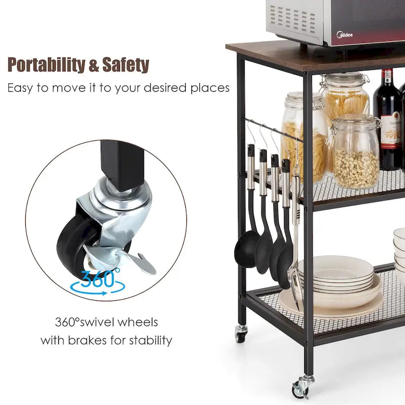 3-Tier Rolling Kitchen Cart Steel Frame Locking Casters Side Hooks Coffee