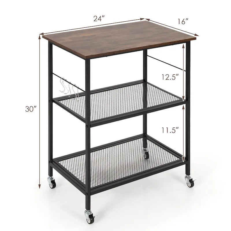 3-Tier Rolling Kitchen Cart Steel Frame Locking Casters Side Hooks Coffee