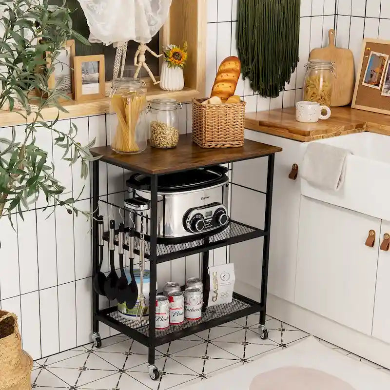 3-Tier Rolling Kitchen Cart Steel Frame Locking Casters Side Hooks Coffee