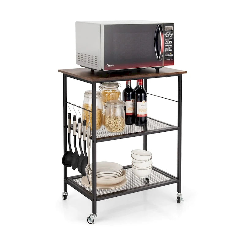3-Tier Rolling Kitchen Cart Steel Frame Locking Casters Side Hooks Coffee