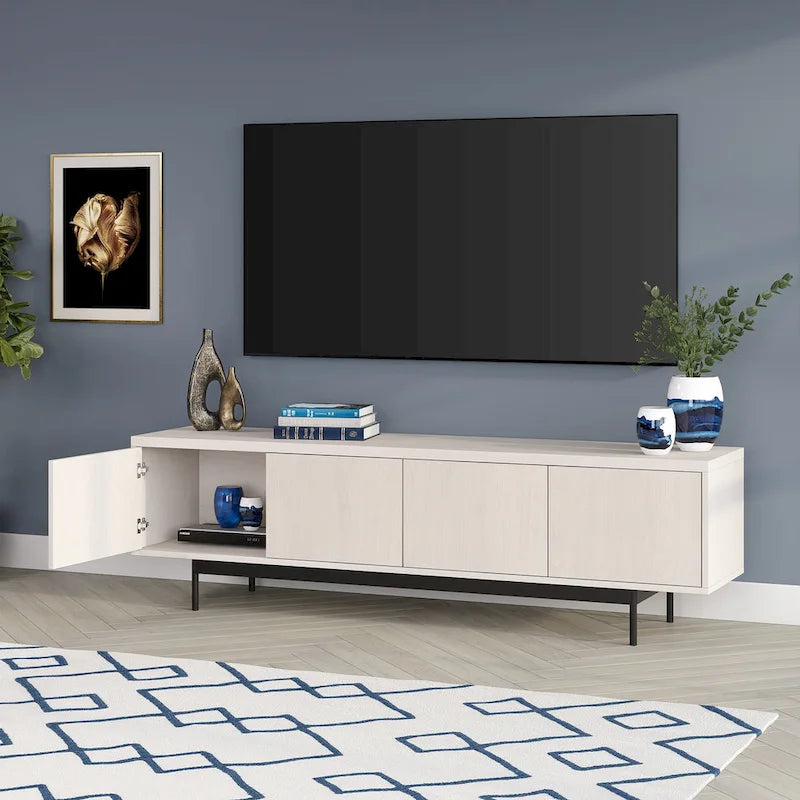 69.5-Inch Low-Profile TV Stand 4-Door Cabinet Steel MDF Wood Grain Finish