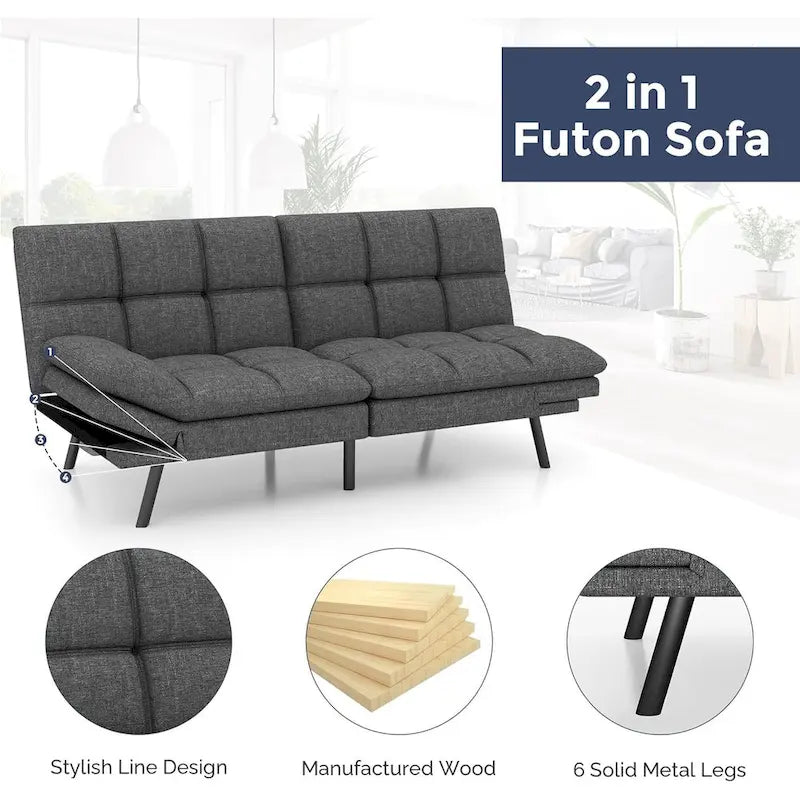 Convertible Memory Foam Futon Sofa Bed Adjustable Armrest Backrest 600 lb Capacity