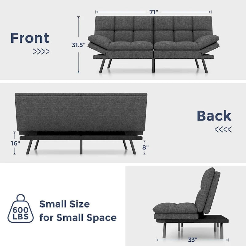 Umwandelbares Futon-Sofa mit Memory-Foam-Matratze, verstellbaren Armlehnen und Rückenlehne, Tragfähigkeit 600 lb
