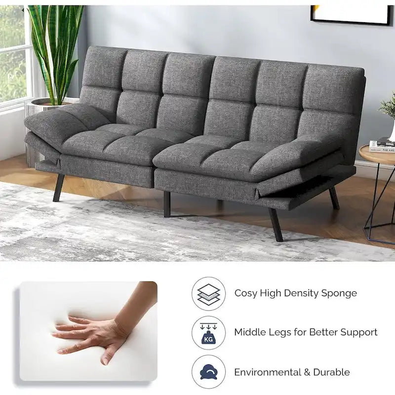 Umwandelbares Futon-Sofa mit Memory-Foam-Matratze, verstellbaren Armlehnen und Rückenlehne, Tragfähigkeit 600 lb