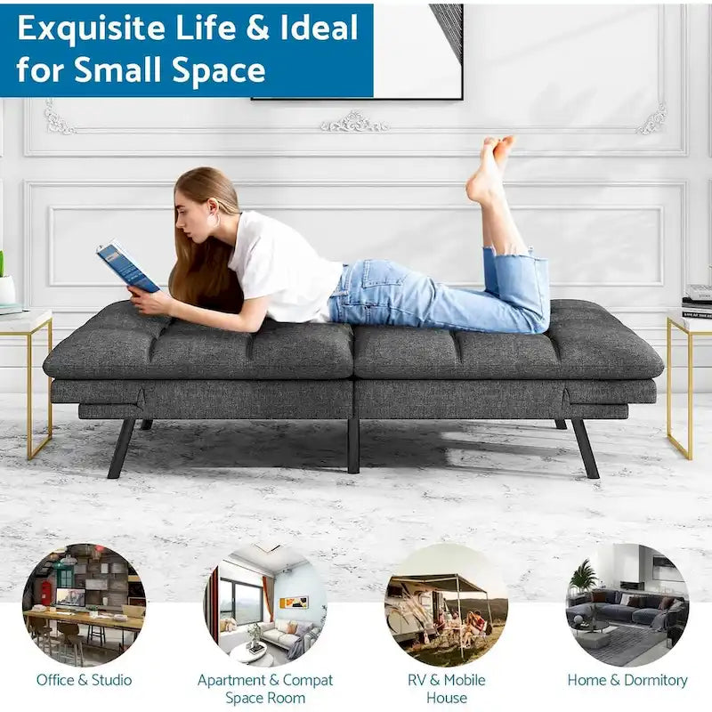 Umwandelbares Futon-Sofa mit Memory-Foam-Matratze, verstellbaren Armlehnen und Rückenlehne, Tragfähigkeit 600 lb