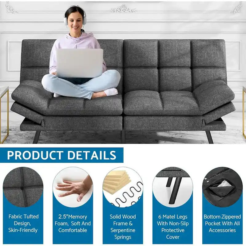 Umwandelbares Futon-Sofa mit Memory-Foam-Matratze, verstellbaren Armlehnen und Rückenlehne, Tragfähigkeit 600 lb