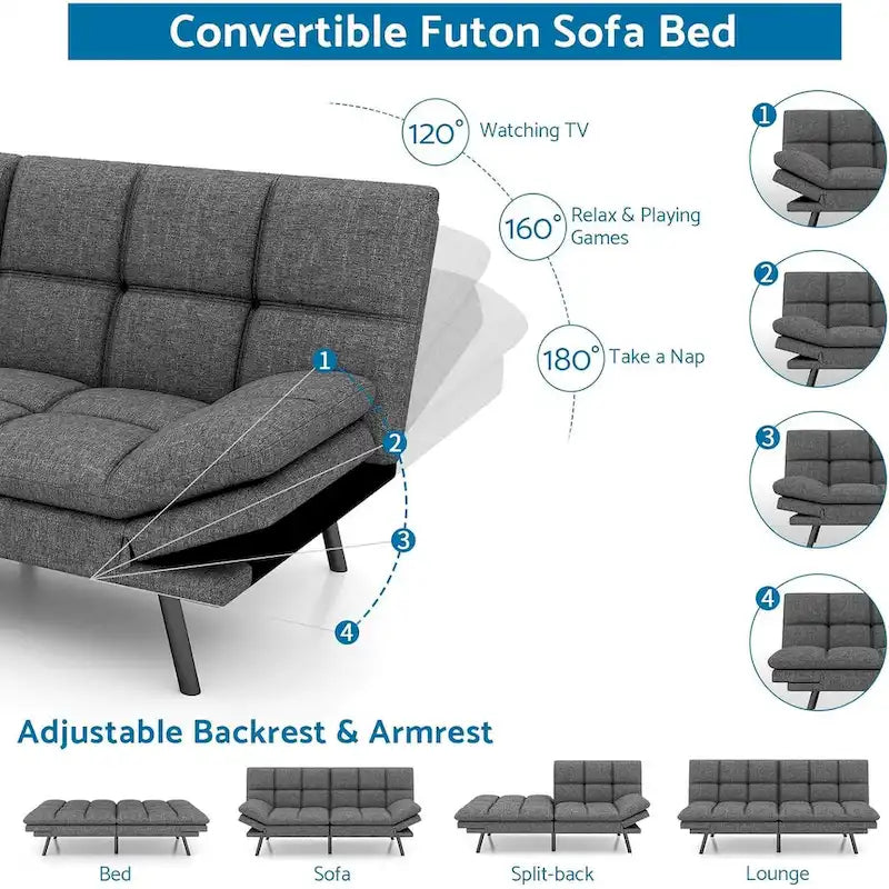 Umwandelbares Futon-Sofa mit Memory-Foam-Matratze, verstellbaren Armlehnen und Rückenlehne, Tragfähigkeit 600 lb