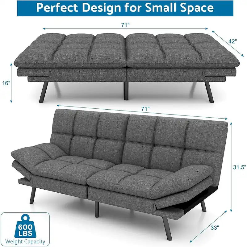 Umwandelbares Futon-Sofa mit Memory-Foam-Matratze, verstellbaren Armlehnen und Rückenlehne, Tragfähigkeit 600 lb