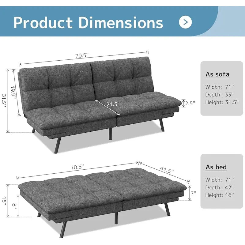 Umwandelbares Futon-Sofa mit Memory-Foam-Matratze, verstellbaren Armlehnen und Rückenlehne, Tragfähigkeit 600 lb