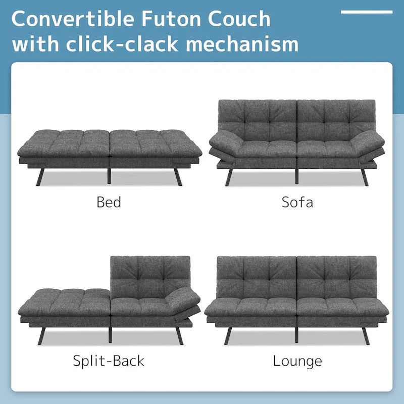 Umwandelbares Futon-Sofa mit Memory-Foam-Matratze, verstellbaren Armlehnen und Rückenlehne, Tragfähigkeit 600 lb