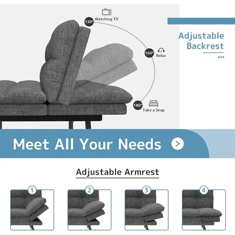 Umwandelbares Futon-Sofa mit Memory-Foam-Matratze, verstellbaren Armlehnen und Rückenlehne, Tragfähigkeit 600 lb