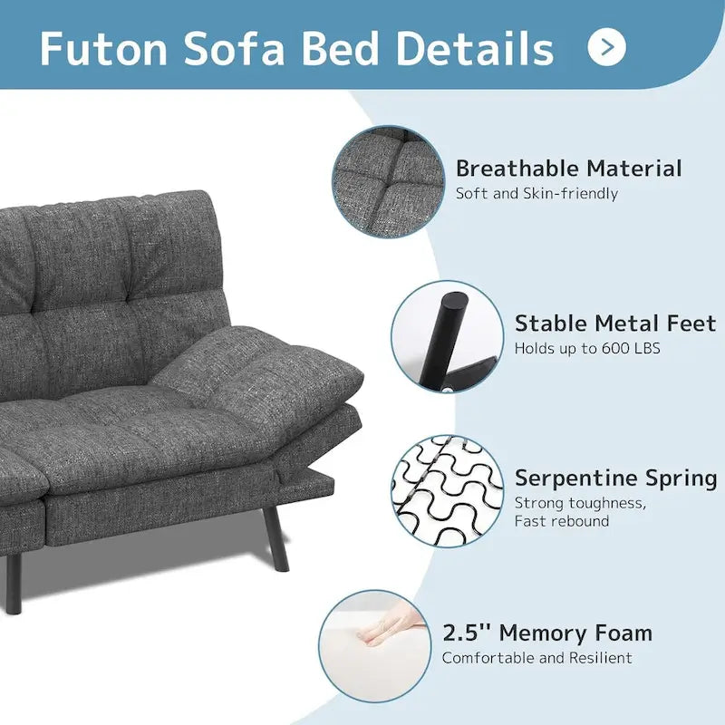 Umwandelbares Futon-Sofa mit Memory-Foam-Matratze, verstellbaren Armlehnen und Rückenlehne, Tragfähigkeit 600 lb