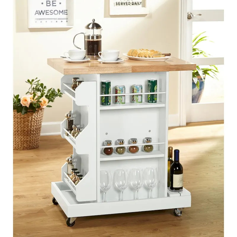 Rolling Kitchen Cart Wine Rack Spice Rack Open Shelves Rubberwood White Mint