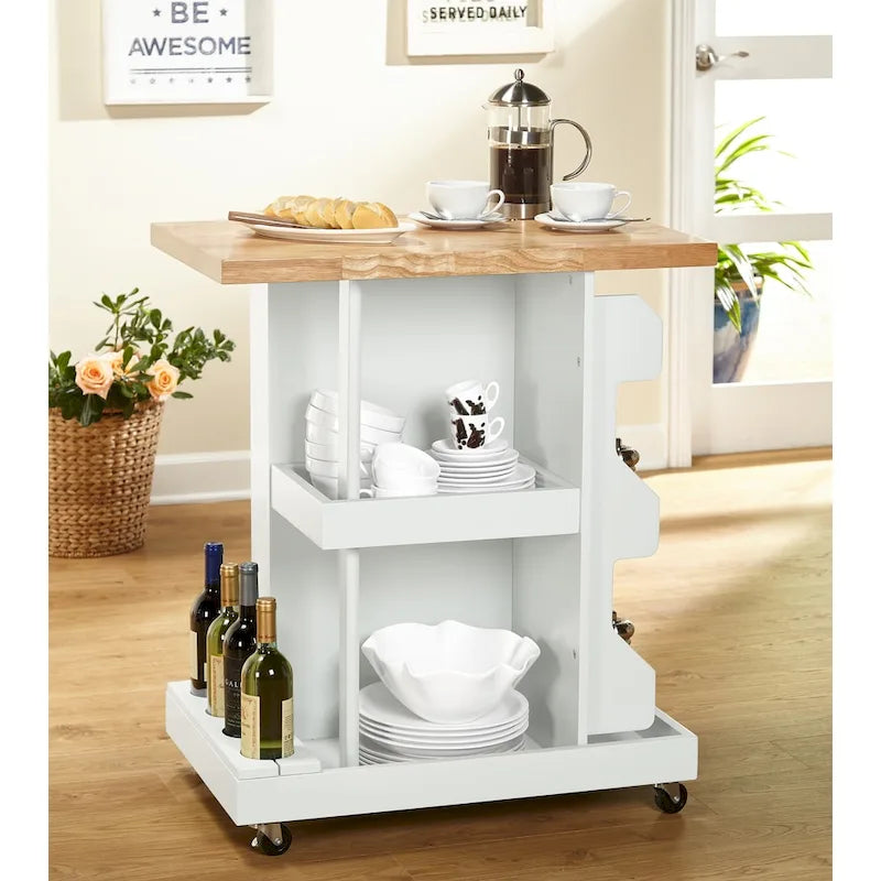 Rolling Kitchen Cart Wine Rack Spice Rack Open Shelves Rubberwood White Mint
