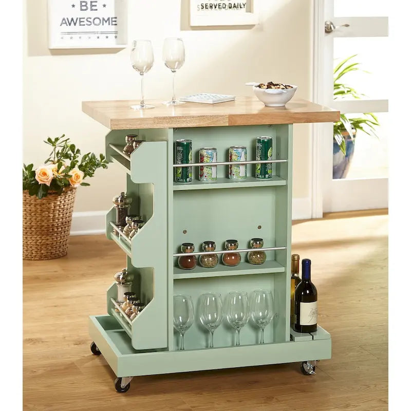 Rolling Kitchen Cart Wine Rack Spice Rack Open Shelves Rubberwood White Mint