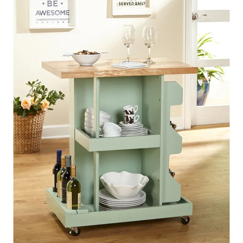 Rolling Kitchen Cart Wine Rack Spice Rack Open Shelves Rubberwood White Mint