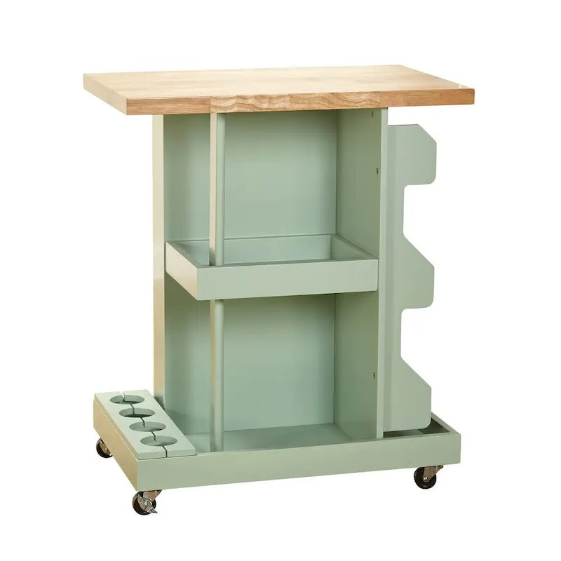 Rolling Kitchen Cart Wine Rack Spice Rack Open Shelves Rubberwood White Mint