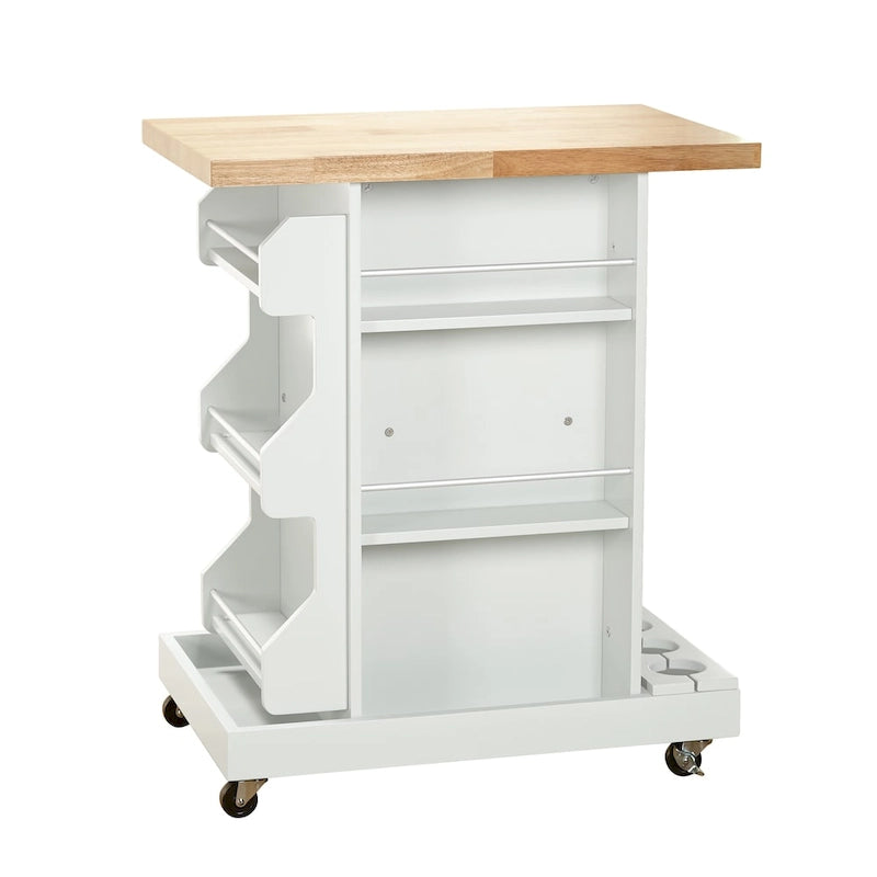 Rolling Kitchen Cart Wine Rack Spice Rack Open Shelves Rubberwood White Mint