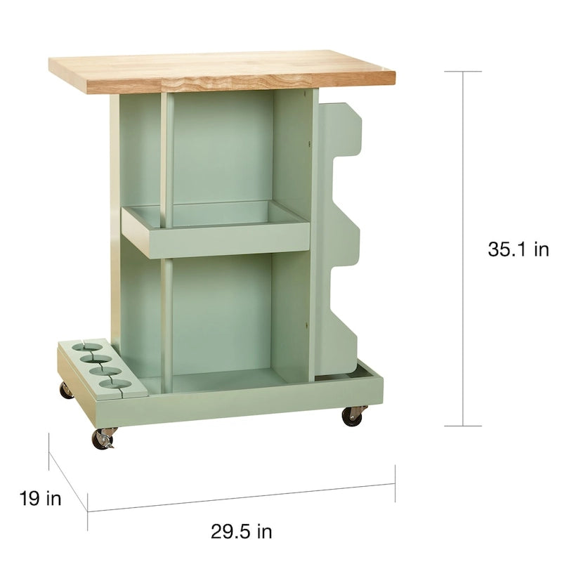 Rolling Kitchen Cart Wine Rack Spice Rack Open Shelves Rubberwood White Mint