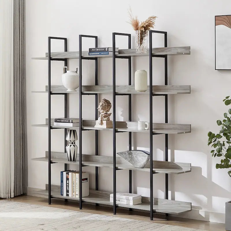 5-Tier Industrial Open Bookshelf MDF Board Steel Frame Multi-Color