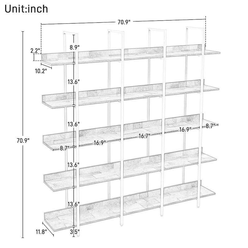 5-Tier Industrial Open Bookshelf MDF Board Steel Frame Multi-Color