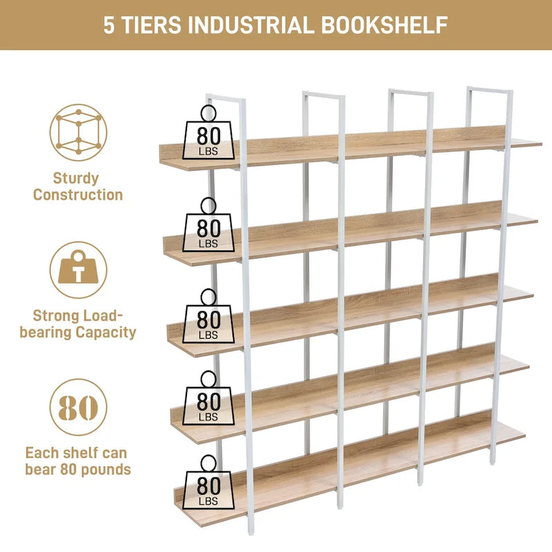5-Tier Industrial Open Bookshelf MDF Board Steel Frame Multi-Color