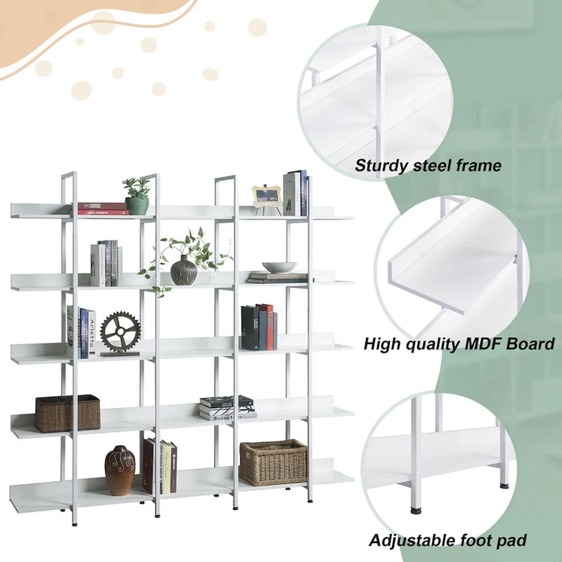 5-Tier Industrial Open Bookshelf MDF Board Steel Frame Multi-Color