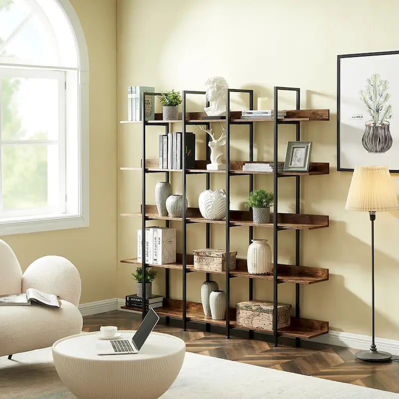 5-Tier Industrial Open Bookshelf MDF Board Steel Frame Multi-Color